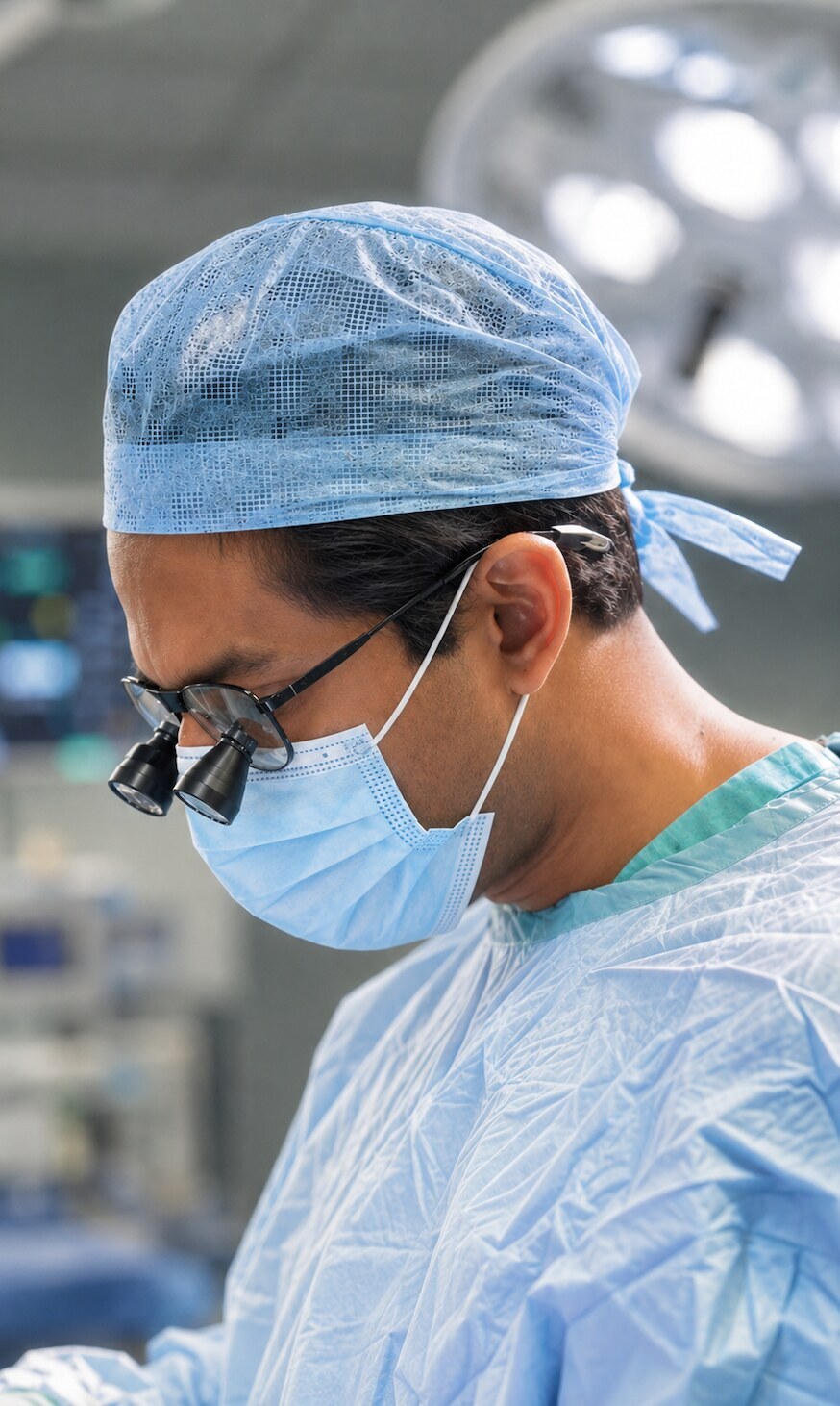 Mr Amitabh Thacoor in theatre wearing surgical loupes